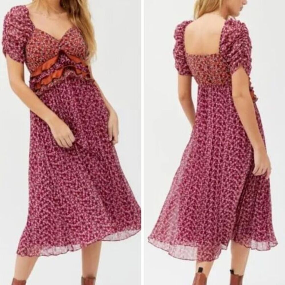 En Saison burgundy floral print fit and flare midi dress, size XS